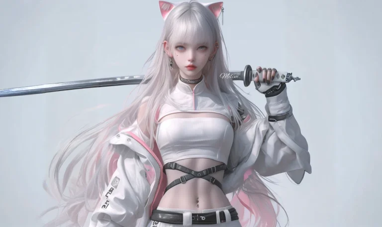粉白猫耳白发少女肩扛武士刀赛博风插画