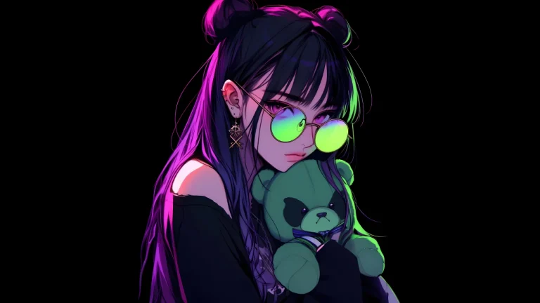 赛博霓虹双丸子头少女抱熊猫玩偶酷感插画