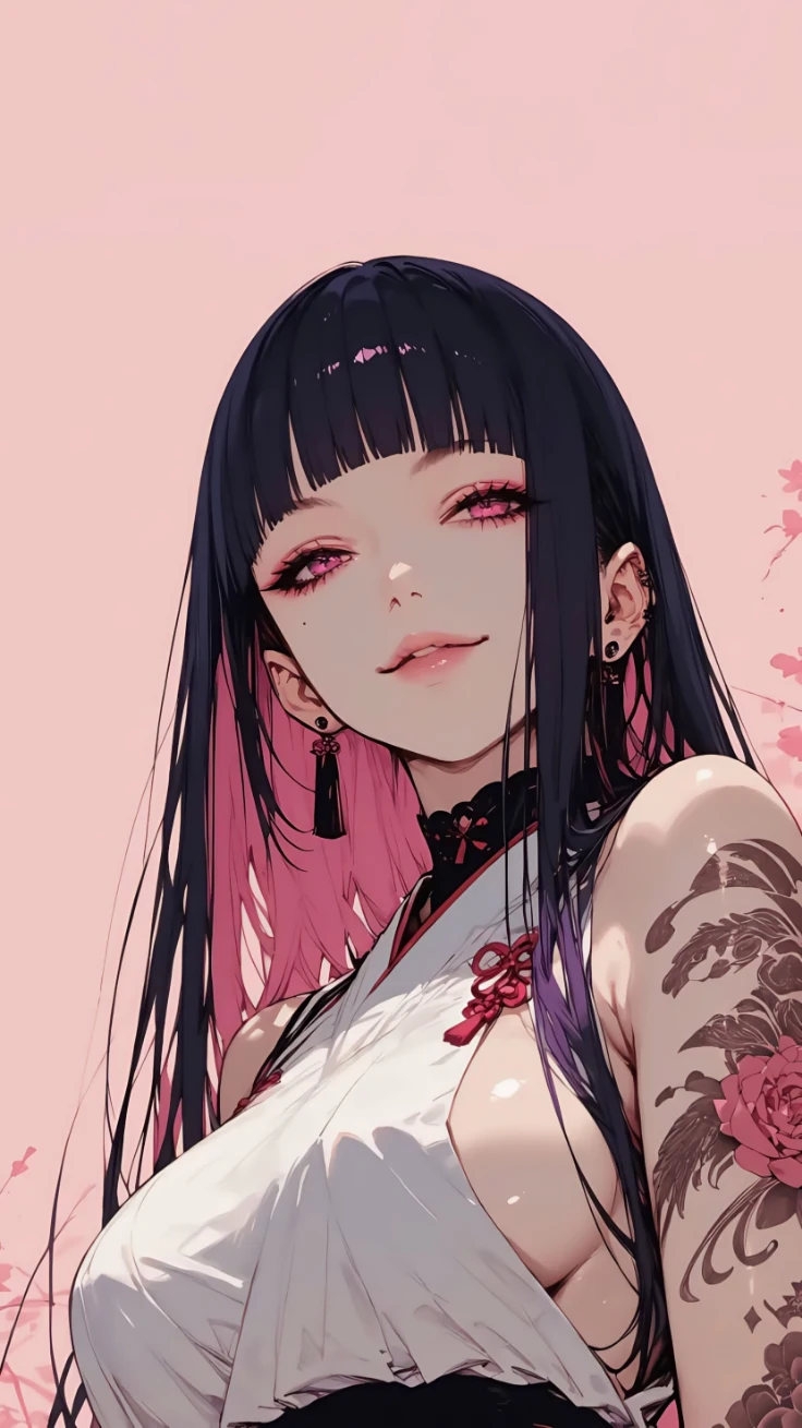 粉背景新中式黑发美少女冷艳日系动漫人像