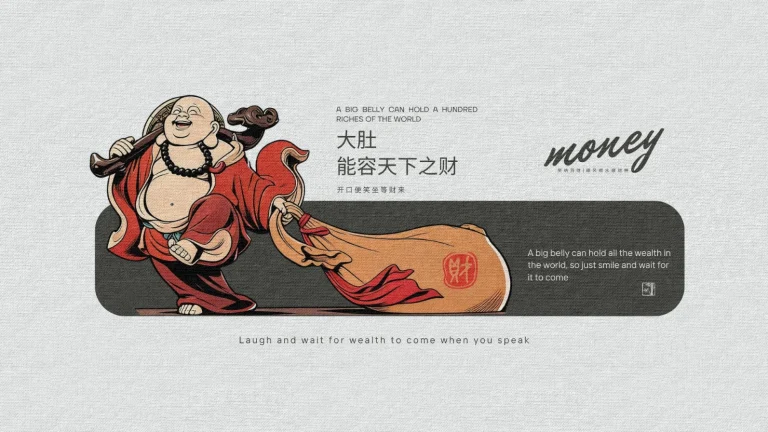 布袋弥勒佛笑迎财源麻布纹理国风创意海报