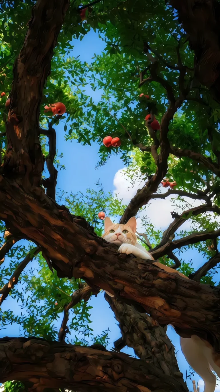 夏日晴空石榴树上慵懒小猫文艺治愈插画