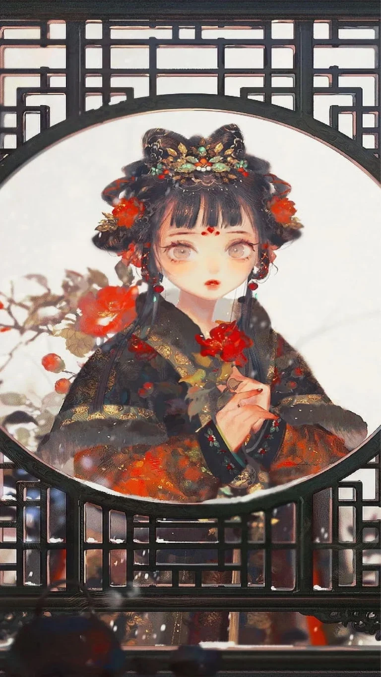 圆窗木格红梅古风少女水墨竖版 4K 国风壁纸