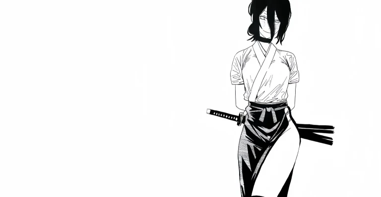 电锯人蕾塞武士服太刀黑白漫画风 4K 电脑壁纸