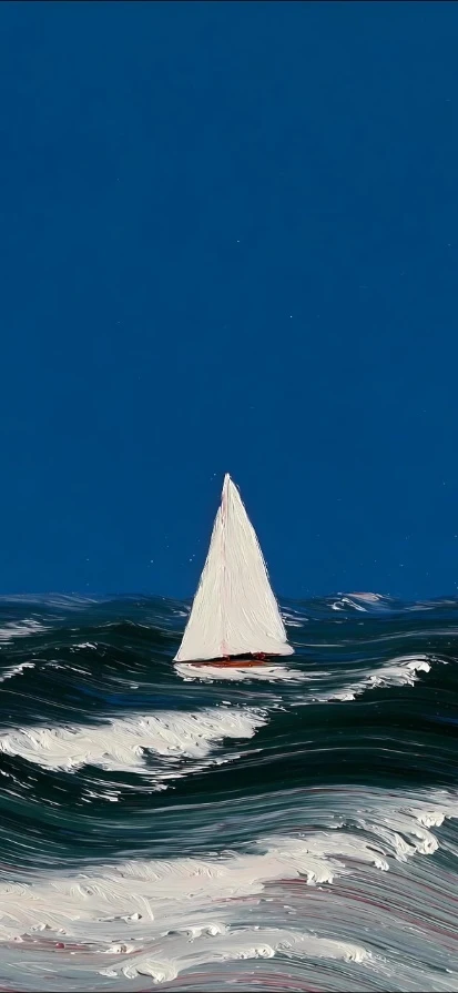 汹涌海面白色帆船油画手机壁纸