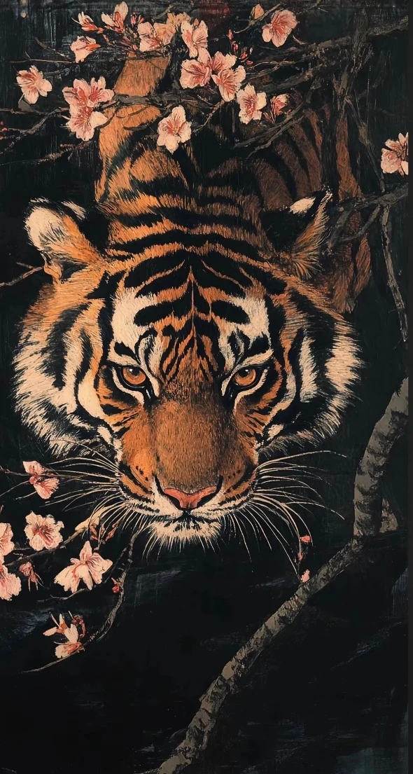 花枝猛虎黑底国风插画霸气高清手机壁纸