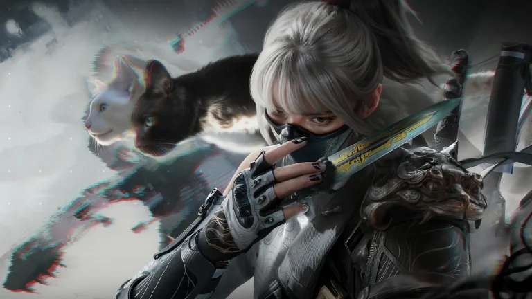 银高束发面罩女武士手抚金纹短刃黑白双猫赛博国风 4K 电脑壁纸