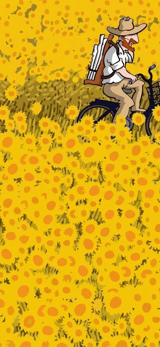 梵高向日葵田野骑车画家治愈 4K 手机插画壁纸