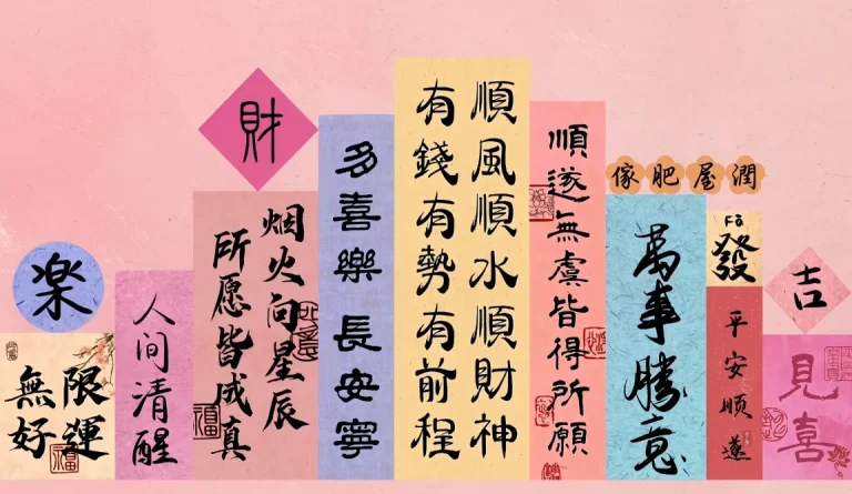 温柔粉底招财纳福国风文字拼接桌面 4K 电脑壁纸