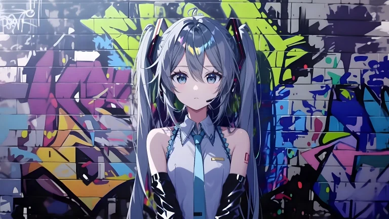 多彩街头涂鸦砖墙双马尾初音未来清冷正面半身 4K 电脑壁纸