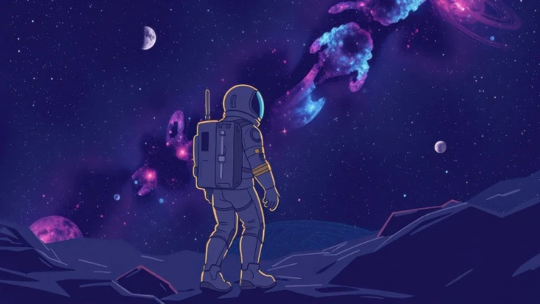 月球岩地宇航员遥望紫蓝星云星河 4K 电脑壁纸