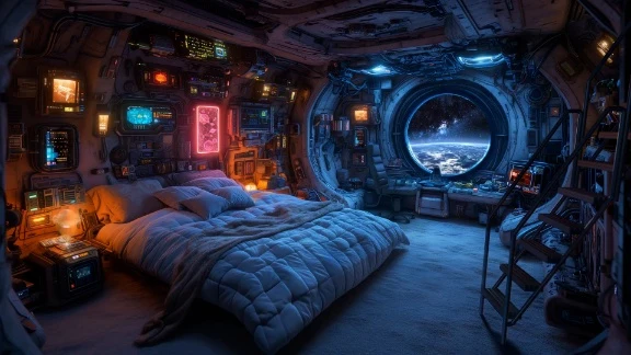赛博太空舱卧室舷窗观地球科幻场景 4K 电脑壁纸