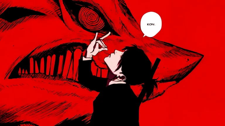 电锯人蕾塞红底恶魔螺旋眼黑白漫画 4K 电脑壁纸