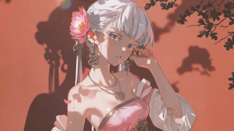 白发粉牡丹古风少女红墙树影国风插画