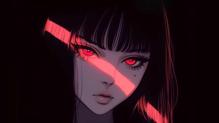 荧光红绷带红瞳酷感少女近景动漫原画