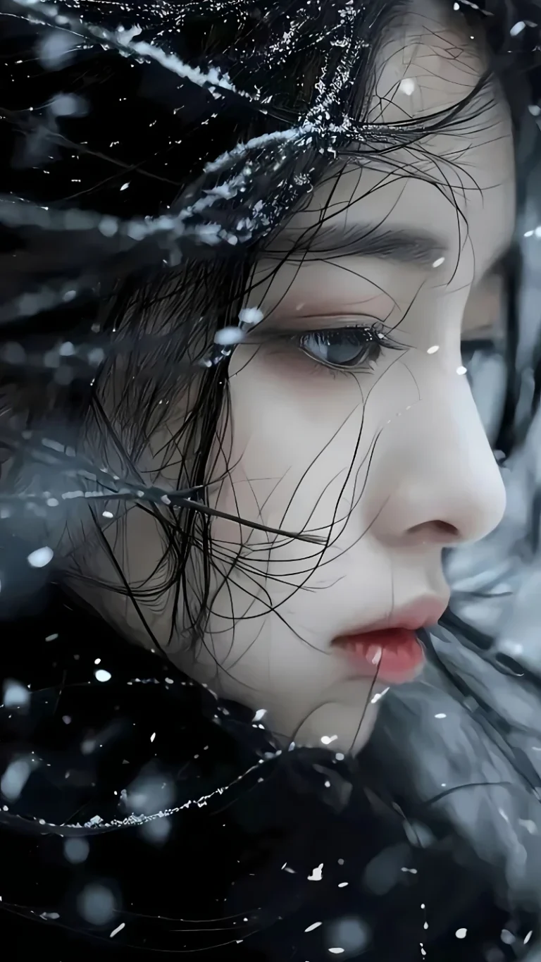 风雪之中黑发清冷女生侧颜氛围感人像插画