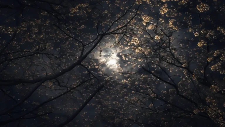 深夜圆月云雾黑枝满树金色繁花仰拍静谧治愈风景 4K 电脑壁纸