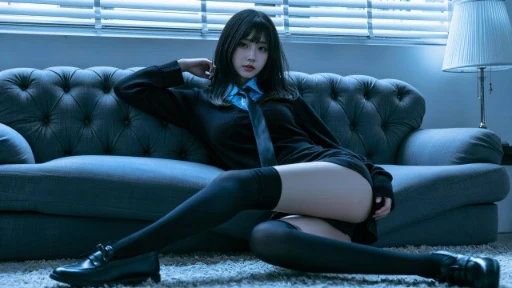 百叶窗冷蓝调黑长直 JK 制服少女沙发前坐姿人像 4K 电脑壁纸