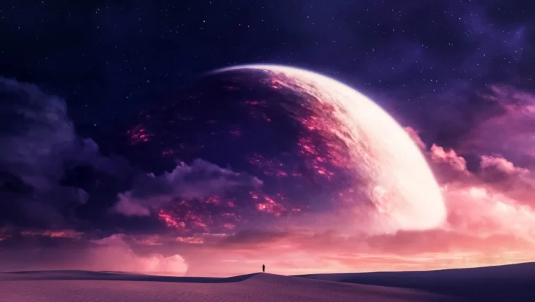 粉紫荒漠巨型星球孤人星空超现实方形 4K 科幻壁纸