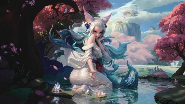 仙境溪流狐妖少女高清 4K 电脑壁纸
