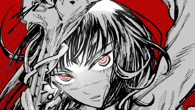 红网点黑白漫画少女猩红眼酷感插画 4K 电脑壁纸