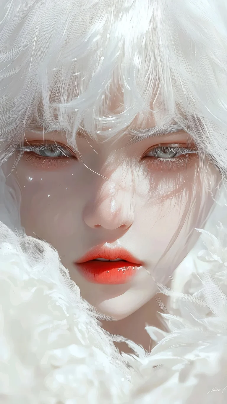 纯白羽毛氛围感白发美少女手机壁纸