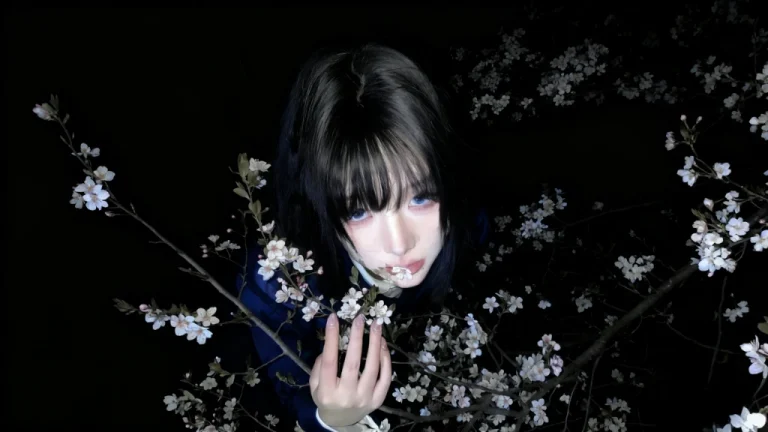 黑夜白花清冷黑发少女氛围感人像