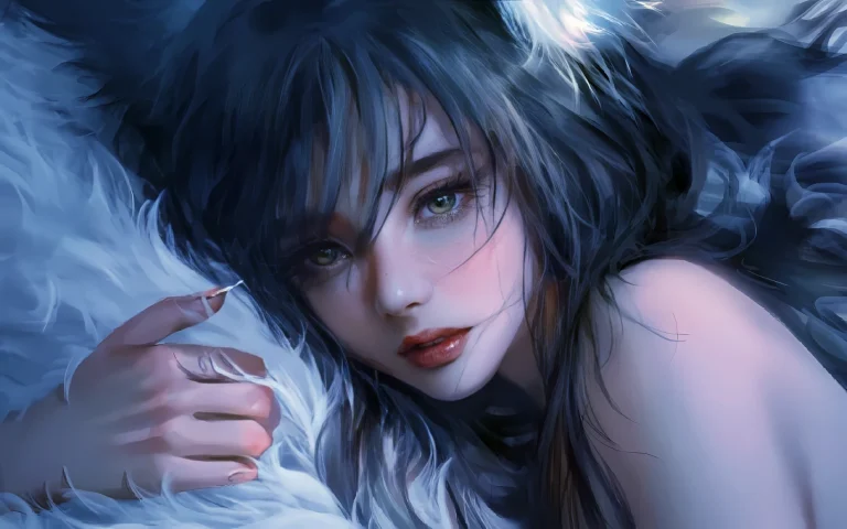 蓝调毛绒背景黑发狐耳少女清冷厚涂插画