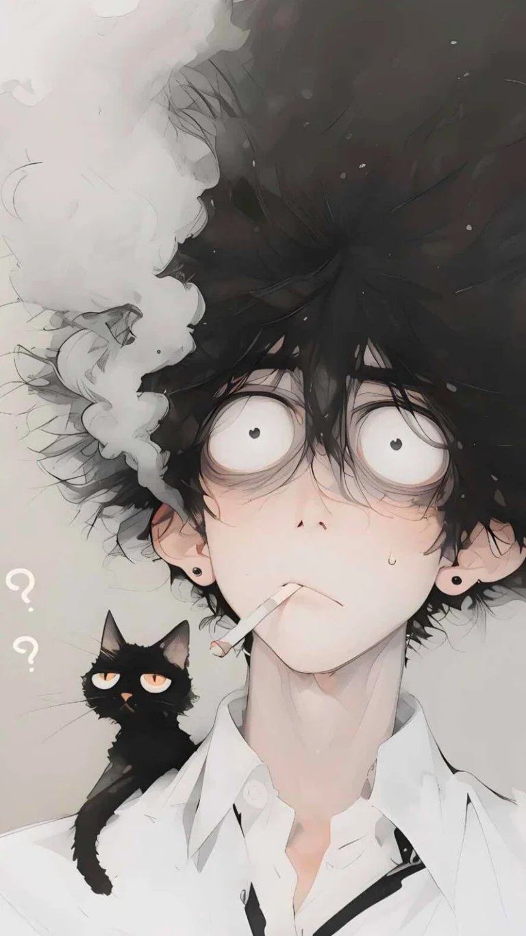 白衬衫少年搭配小黑猫迷离神态冷调动漫人物
