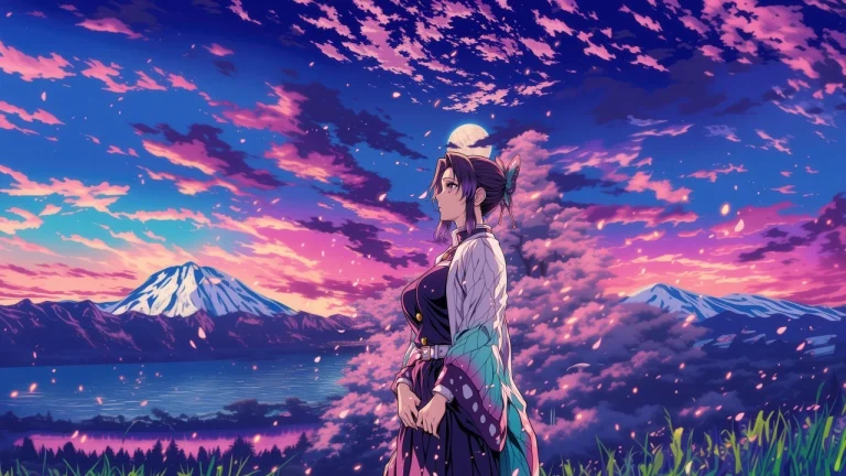 富士山湖景满月晚霞蝴蝶忍樱花漫天横版 4K 壁纸