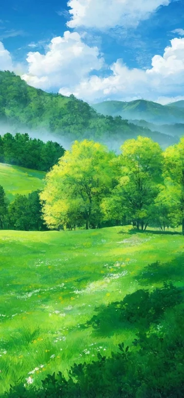晴空白云翠绿山谷治愈插画手机壁纸
