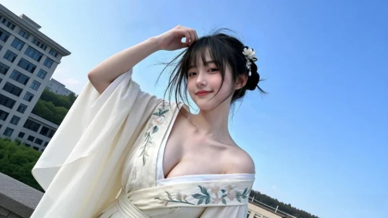 晴空天台浅黄刺绣改良汉服温柔少女实拍4K电脑壁纸