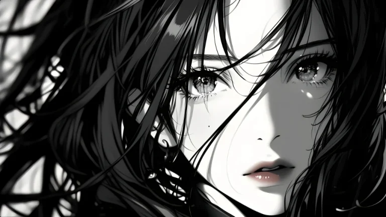 高对比度黑白清冷美女人物动漫插画 4K 电脑壁纸