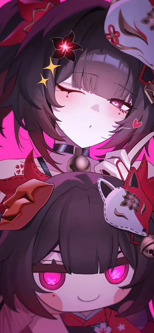粉背景狐面花火俏皮 wink 插画手机壁纸