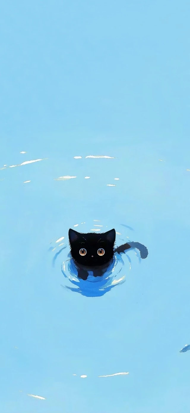 蓝色水面游泳小黑猫治愈插画高清手机壁纸