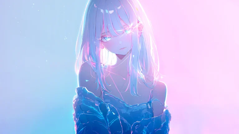 粉蓝渐变发光白发少女清新治愈二次元插画