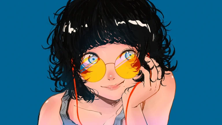 蓝色背景黑色卷发少女黄色墨镜潮流日系插画