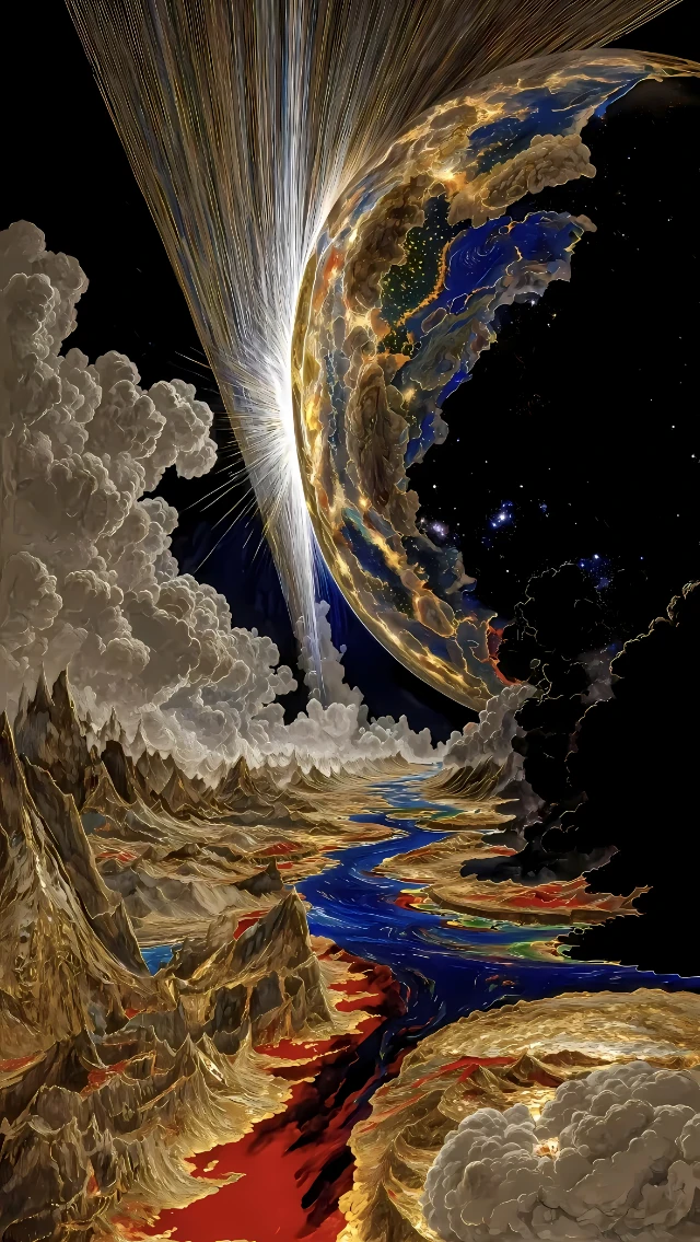 鎏金山河星河巨行星光瀑云海国风玄幻竖版 4K 壁纸