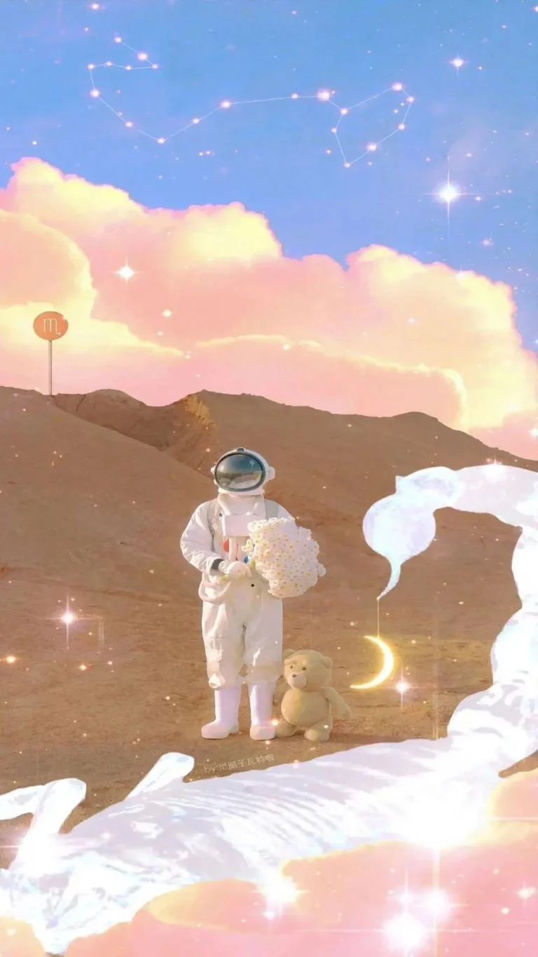 沙漠宇航员小熊白菊爱心星云竖版 4K 治愈壁纸