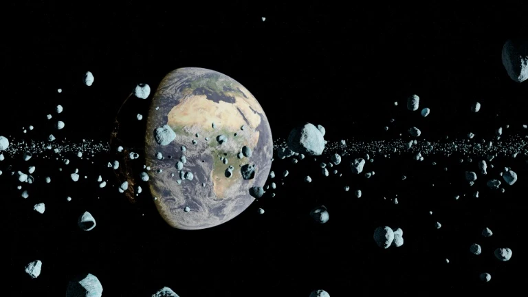 小行星群环绕地球宇宙深空写实科幻4K电脑壁纸