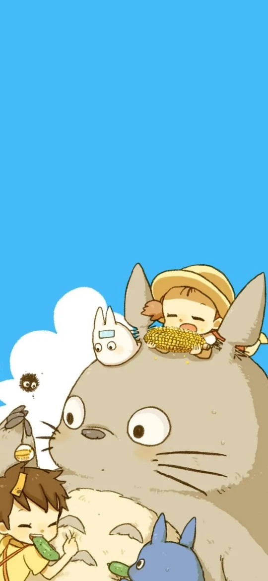 蓝天龙猫小梅小月玉米夏日治愈 4K 手机插画壁纸