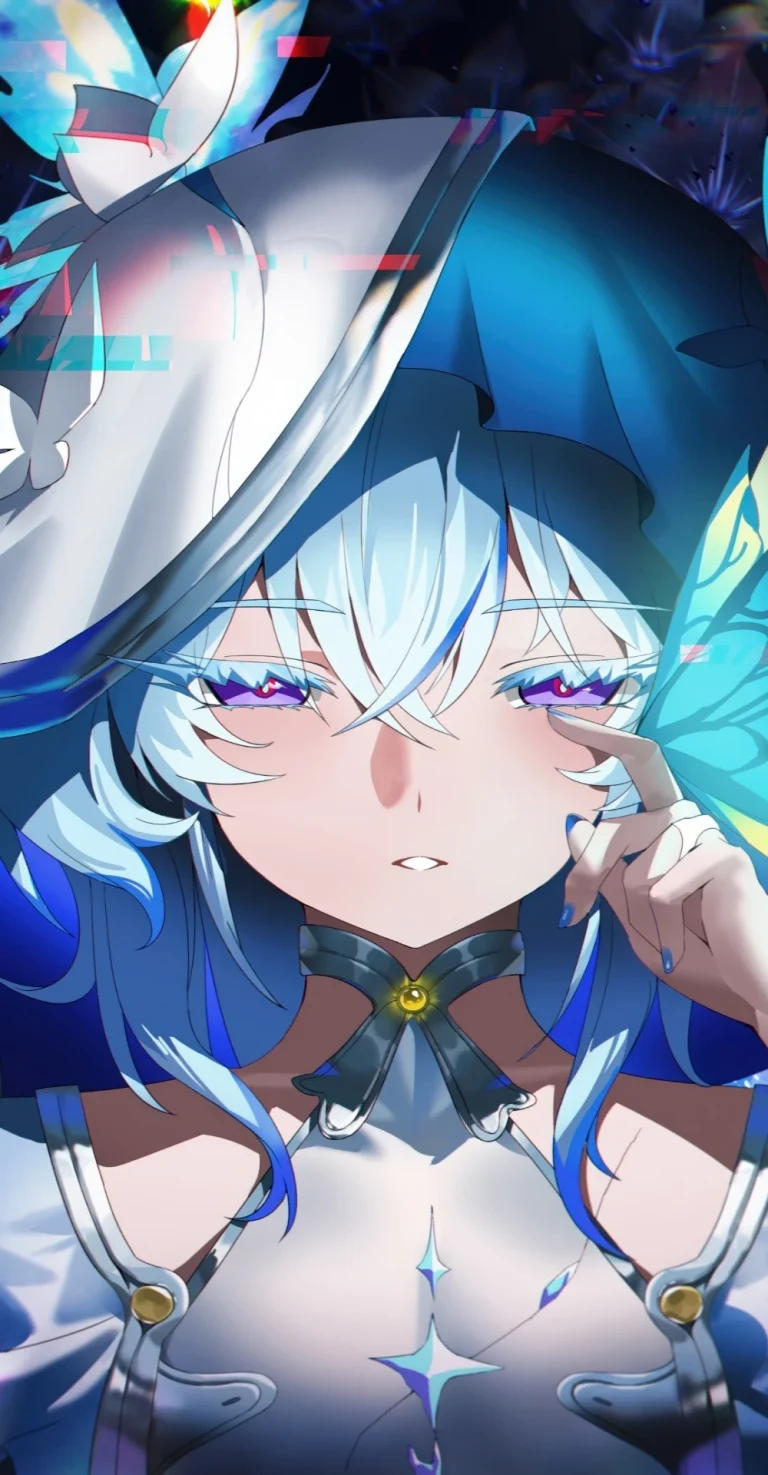 蓝发礼帽紫瞳蝴蝶少女二次元竖版 4K 壁纸