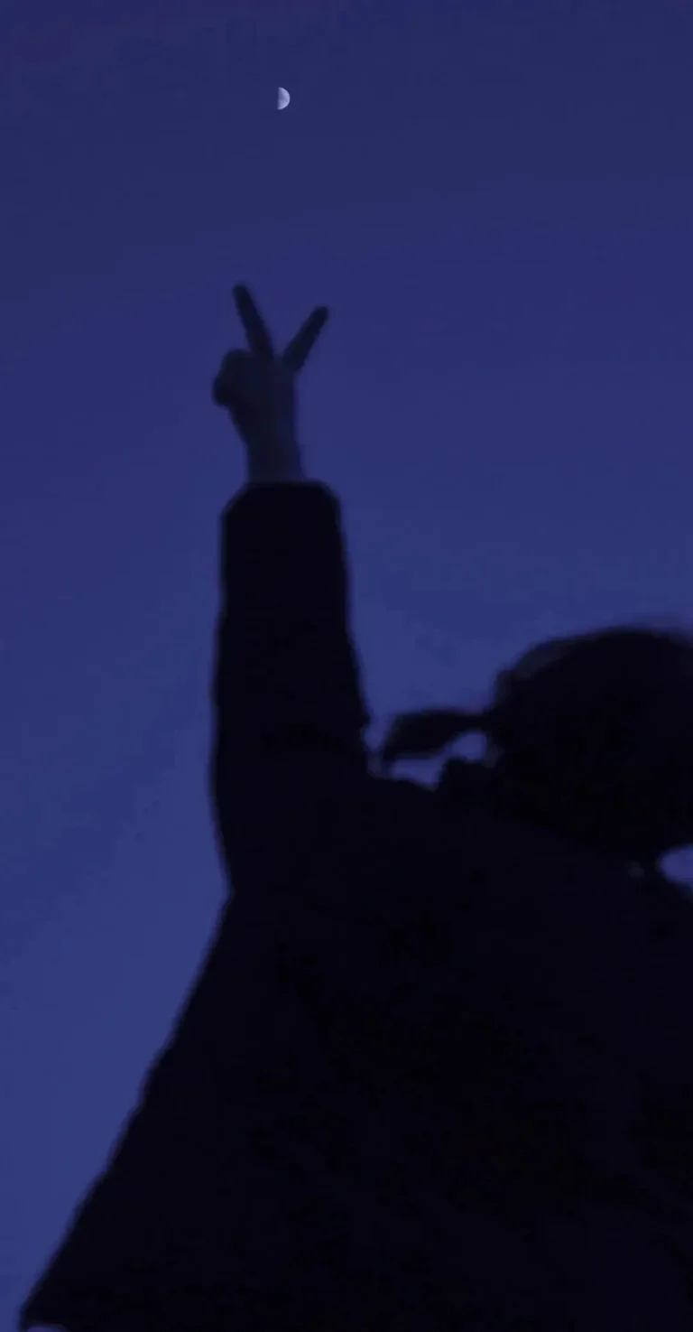 紫调夜空月牙比耶少女剪影治愈竖版 4K 风景壁纸