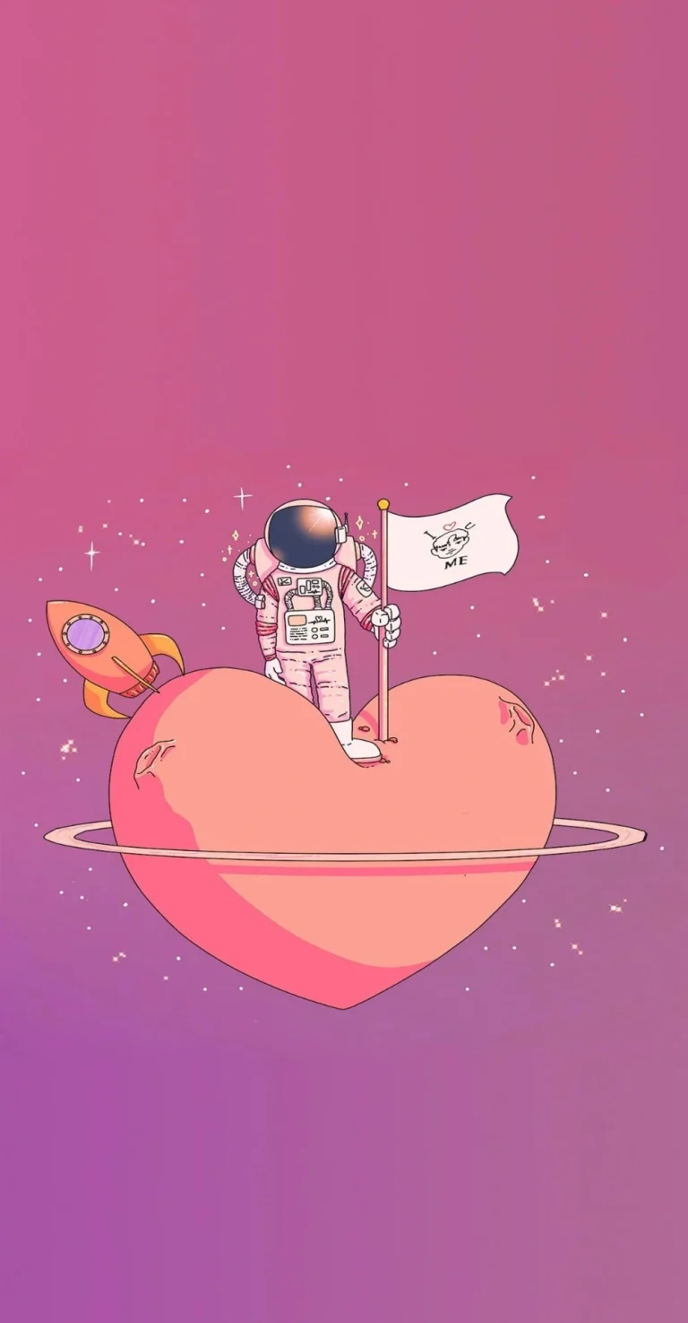 粉紫渐变爱心星球宇航员旗帜治愈竖版 4K 手机壁纸