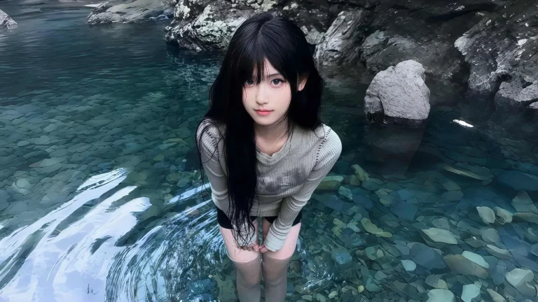 深山清澈溪水黑长直甜妹氛围感人像