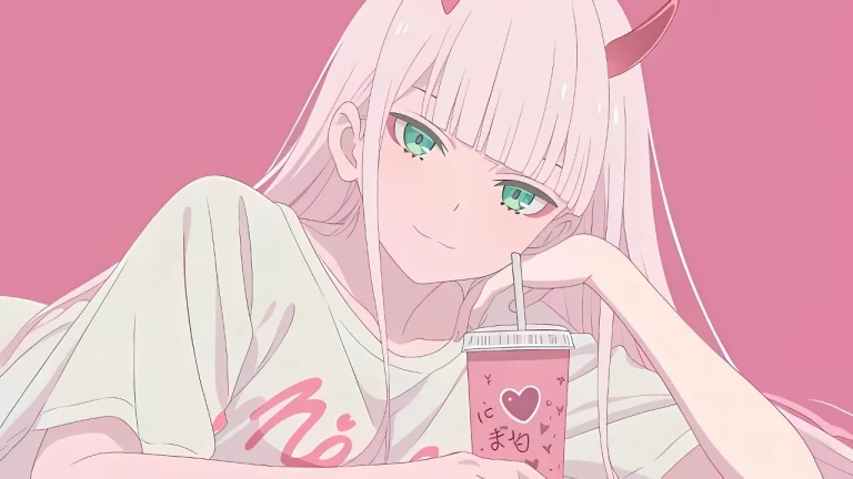 02粉色背景喝奶茶温柔二次元少女