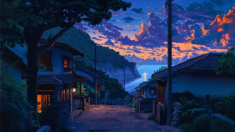 海边小镇黄昏晚霞治愈动漫风景