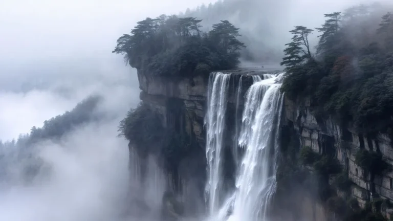 云雾缭绕悬崖瀑布山间松林壮阔自然盛景4K电脑壁纸