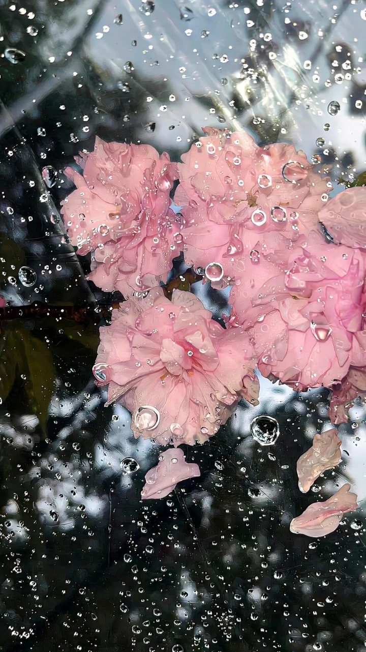 雨天玻璃水珠朦胧粉色樱花氛围感
