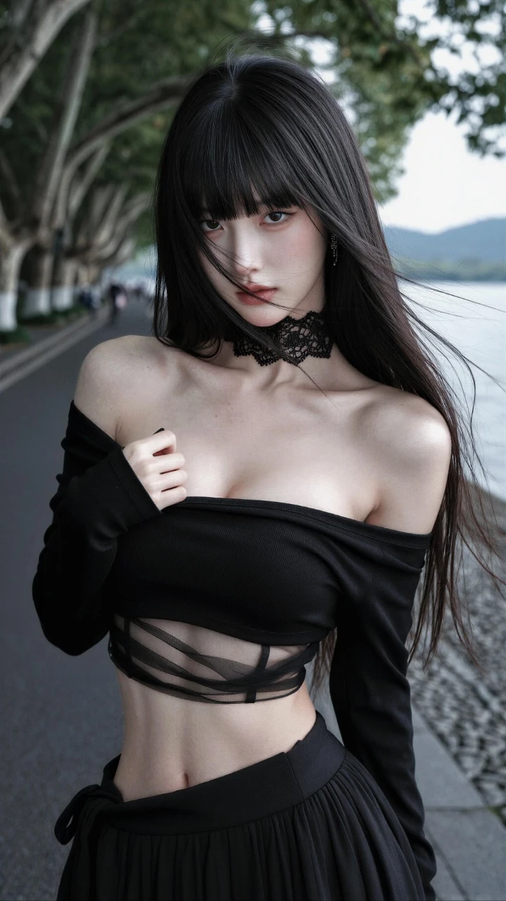 清冷黑发少女水畔风姿绝美暗黑系