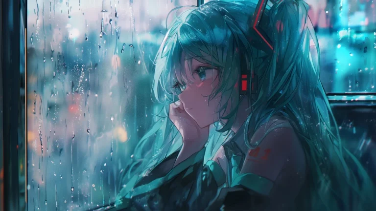 雨夜玻璃窗初音未来托腮沉思氛围感日系
